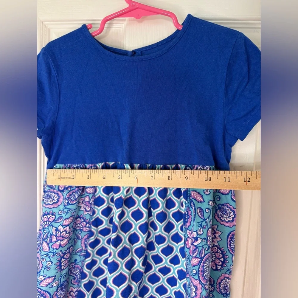 Girls Boutique Blue Patterned Dress Size 6 Cotton Kids Ruffle Hem Short Sleeve